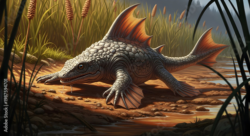 Tiktaalik Prehistoric Fish Crawling onto Land, Ancient Amphibious Creature Evolution Scene in Swamp Vector Illustration