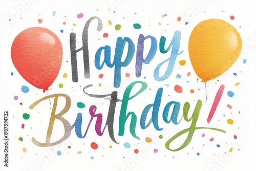 The text 'Happy Birthday!' is displayed in a lively, multicolored font, accompanied by two balloons and scattered confetti on a clean white backdrop.