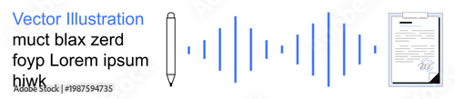 Audio processing, content creation, digital documentation, communication, transcription, education. A digital sound waveform, a pen icon and a document layout. Communication and content creation