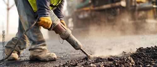 Road worker using drill to break pavement outdoors