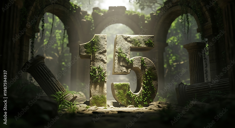 Obraz premium Ancient stone number 15 overgrown with moss