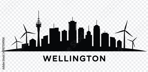 Black silhouette of wellington city skyline with wind turbines
