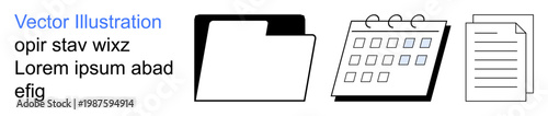 Data management, office organization, productivity tools, business planning, scheduling, record keeping. Icons of a folder, calendar and documents. Data management and office organization concept