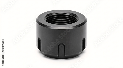 Precision ER32 collet clamping nut in blackened tool steel for CNC machining, industrial tool on white.