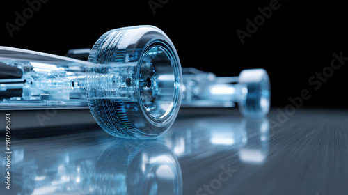 Transparent car wheel and steering mechanism close up with reflection on surface, futuristic design with blue light glow