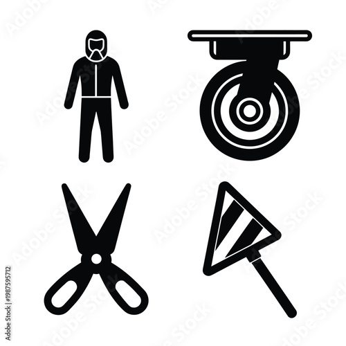 Industrial and Safety Equipment Icons Set with Hazmat Suit Castor Wheel Scissors and Warning Sign