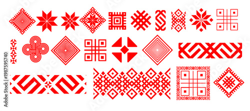 Vector red set of seamless belarusian national ornament. Ethnic pattern of Slavic peoples, Russian, Ukrainian, Serb, Pole, Bulgarian. Cross stitch template.