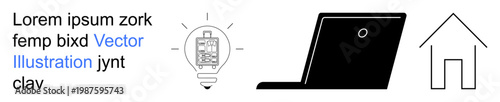 Innovation, technology usage, remote work, home tech, creativity, design development. A light bulb with circuitry, a laptop and a house icon. Innovation and technology usage