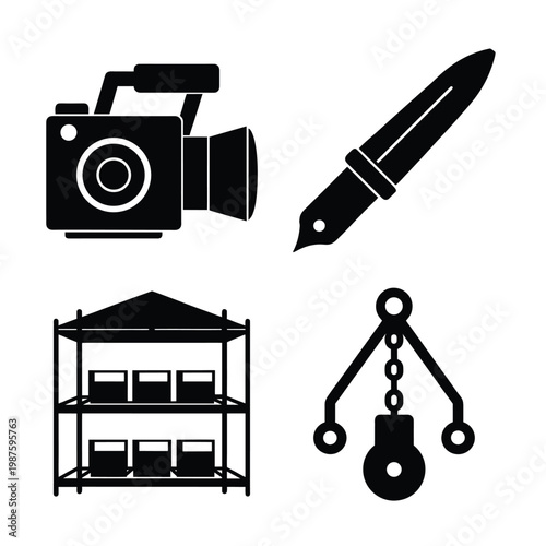 Set of Industrial Logistics Surveillance and Measuring Tools Black Silhouette Icons
