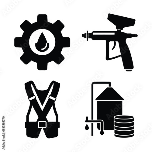 Set of Industrial Maintenance Safety Equipment and Manufacturing Black Silhouette Icons