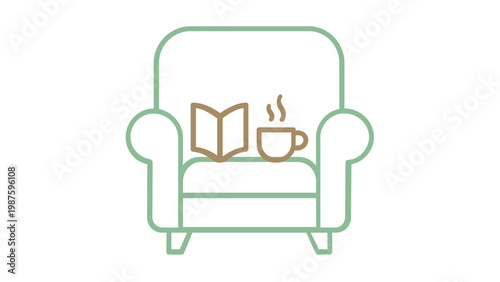 Minimalist vector icon illustration of a cozy armchair with an open book and a steaming cup of coffee, perfect for representing relaxation, reading, home comfort, and leisure in a flat style.