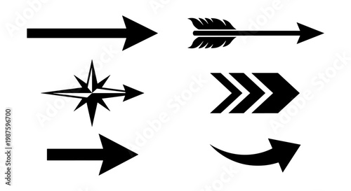 Black arrow icon set with 6 vector elements, minimalist directional symbols, navigation pointers and compass arrow graphics for web design