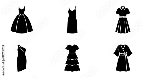 Minimalist black dress icons set, collection of 6 female clothing silhouettes, elegant evening gown and cocktail dress vector illustrations