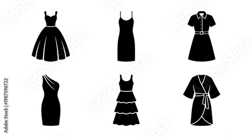 Minimalist women's dress icons set, 6 black silhouette fashion garment vectors, elegant female clothing styles for retail and web design