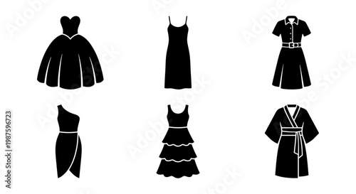 Minimalist black dress icon set, 6 female fashion garment silhouettes, elegant evening gown and cocktail dress vector collection for retail
