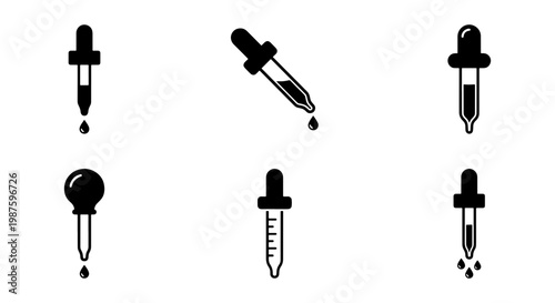 Dropper icon set with 6 black vector silhouettes, medical pipette symbols for laboratory research, liquid medicine dropper icons for skincare and science