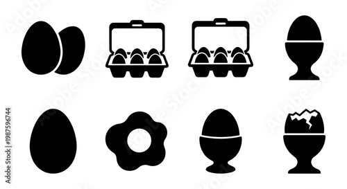 Minimalist chicken egg icon set, black silhouette farm food symbols, egg carton and fried egg vector elements for grocery and breakfast menus