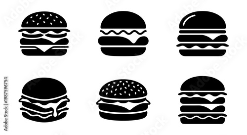 Minimalist burger icon set, black silhouette fast food hamburger symbols, collection of 6 vector cheeseburger illustrations for restaurant menus