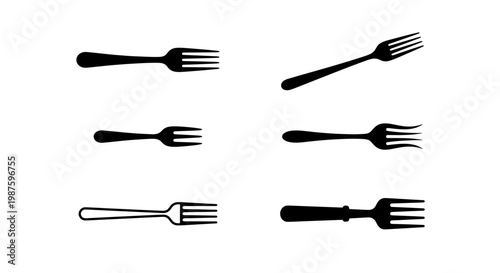 Black fork silhouettes collection, set of 6 dining cutlery vector icons, minimalist kitchen utensils for restaurant menu design and food branding