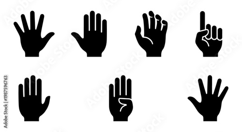 Black hand gestures silhouette icons, set of 7 human hand symbols and finger counting signs, flat vector palm and wrist illustrations for UI design