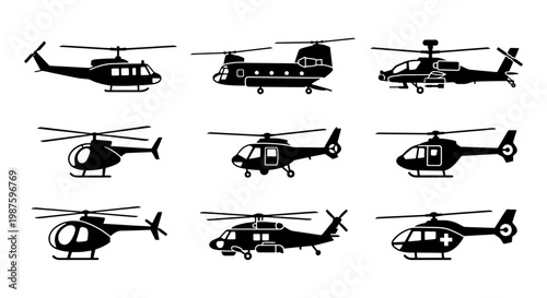Black helicopter silhouette icons, set of 9 military and civilian aircraft vectors, emergency medical and transport chopper symbols for infographics