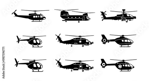 Helicopter silhouette vector set, 9 military and civilian aircraft icons, black aviation transport symbols, emergency medical and combat chopper collection