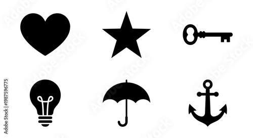 Minimalist black silhouette icons set, 6 flat vector elements including heart star and key, simple graphic symbols for web design and branding