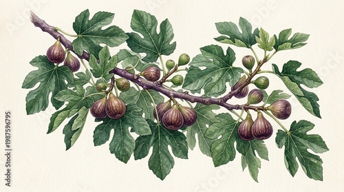 Botanical Fig Tree Branch With Fruit Vintage Watercolor Illustration