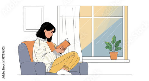 Cozy woman reading a book by the window, enjoying a peaceful moment at home