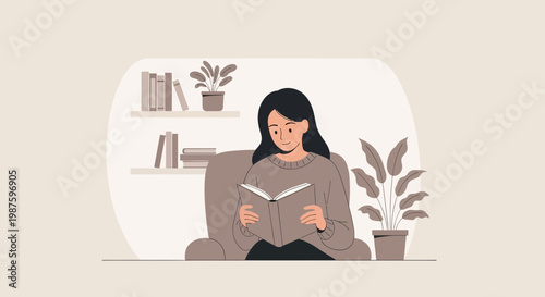 Cozy woman reading a book in a comfortable armchair at home, surrounded by plants.
