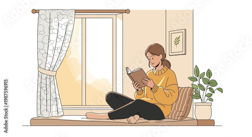 Cozy Woman Reading Book by Sunny Window, Relaxing Lifestyle, Home Comfort