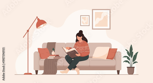Cozy woman reading book on sofa, home relaxation, warm sweater, indoor lifestyle