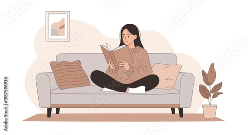 Cozy woman reading book on sofa, relaxing at home, warm and peaceful atmosphere