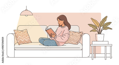 Cozy woman reading book on sofa, relaxing at home, warm lamp light, indoor lifestyle