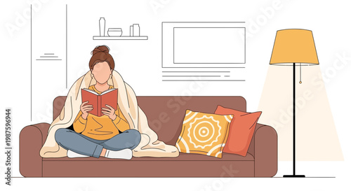 Cozy woman reading book wrapped in blanket on sofa, warm lamp light, relaxing at home