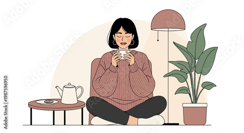Cozy Woman Relaxing with Tea at Home, Peaceful Morning Routine