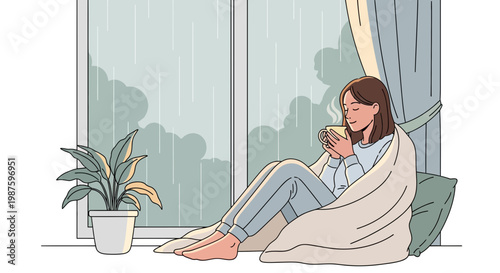 Cozy woman wrapped in blanket drinking hot beverage by rainy window