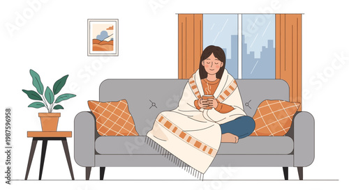 Cozy woman wrapped in blanket on sofa with hot drink, rainy day indoors