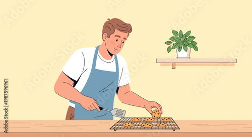 Man baking cookies at home, cooling on a rack, kitchen scene, hobby, homemade food