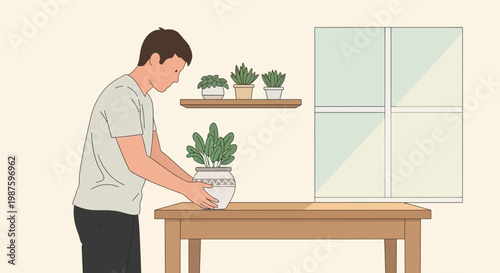 Man arranging potted plant on wooden table near window, home decor concept