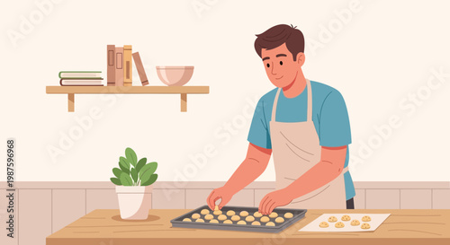 Man baking cookies at home, arranging dough on baking sheet, domestic hobby