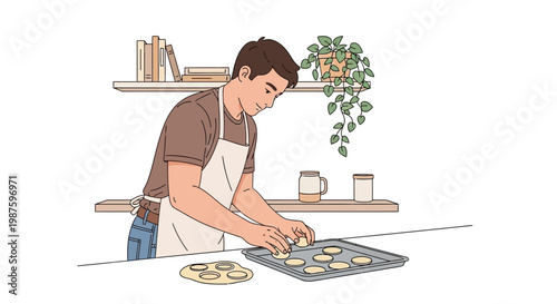 Man baking cookies at home, preparing dough on a baking sheet in a kitchen