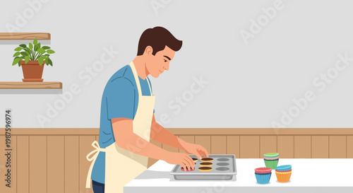 Man baking cupcakes in kitchen, wearing apron, preparing dessert