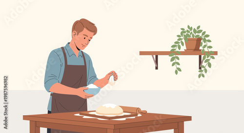 Man baking at home, sprinkling flour on dough, preparing food in kitchen