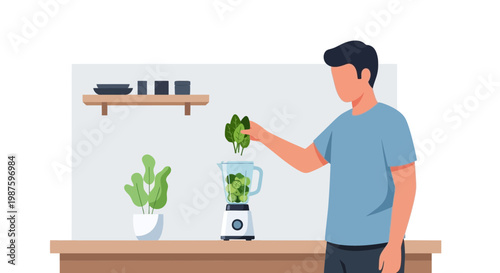 Man adding fresh spinach to blender for healthy smoothie in modern kitchen