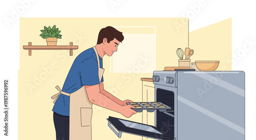 Man baking muffins in oven, home kitchen, hobby, domestic life