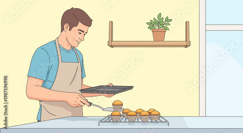 Man baking muffins, taking them out of the oven, cooling on a rack