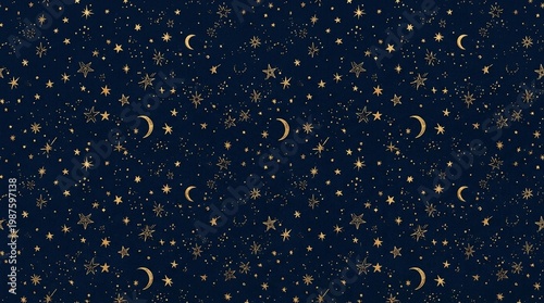 Hand Drawn Night Sky Stars Crescent Moon Seamless Pattern