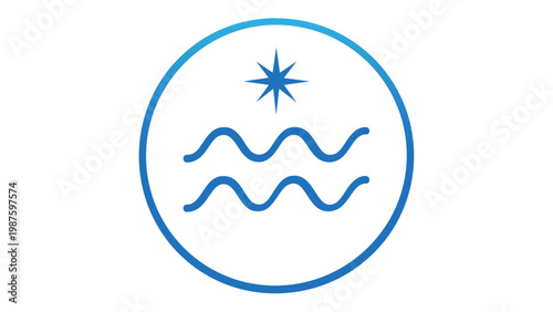 Minimalist blue Aquarius zodiac sign vector icon illustration with a celestial star and wavy water lines in a circular frame, perfect for astrology, horoscope, and mystical design projects.