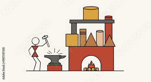 Minimalist blacksmith stick figure vector, artisan metalworker at anvil with hammer, traditional forge workshop with furnace and tools